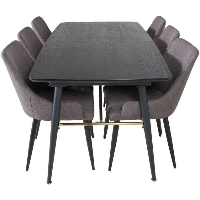 Ruokailuryhmä Venture Home, jatkettava, musta Gold-pöytä + 6 tummanharmaata Plaza-tuolia