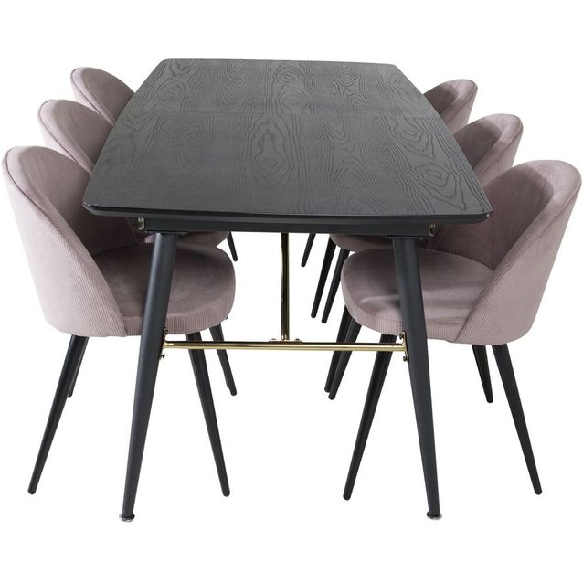Ruokailuryhmä Venture Home, jatkettava musta Gold-pöytä + 6 vaaleanpunaista Velvet-tuolia, vakosametti