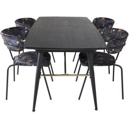 Jatkettava ruokailuryhmä Venture Home, 180/220x85cm musta Gold-pöytä + 4 mustaa Arrow-tuolia, sametti