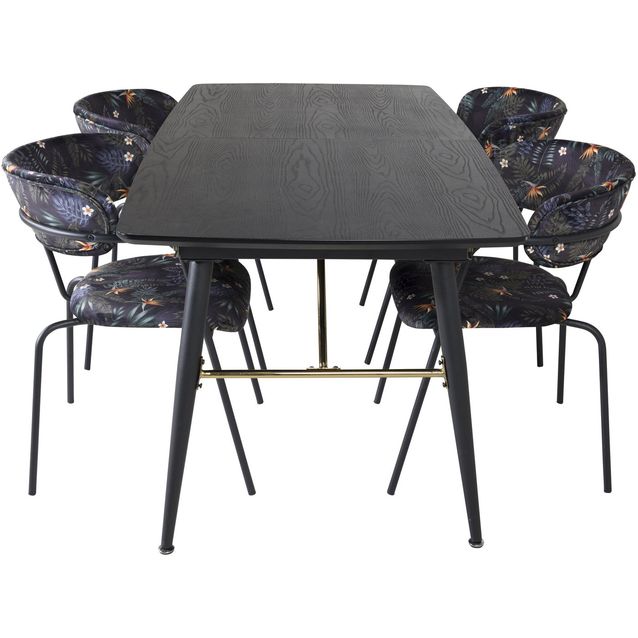 Jatkettava ruokailuryhmä Venture Home, 180/220x85cm musta Gold-pöytä + 4 mustaa Arrow-tuolia, sametti