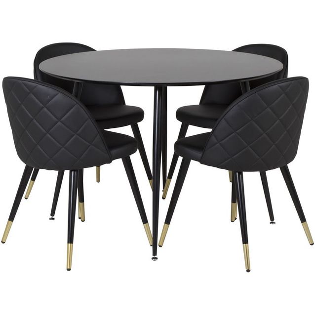 Ruokailuryhmä Venture Home, ⌀100cm musta Silar-pöytä + 4 mustaa Velvet PU -tuolia