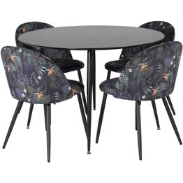 Ruokailuryhmä Venture Home, ⌀100cm musta Silar-pöytä + 4 mustaa Velvet-tuolia kukkakuosilla