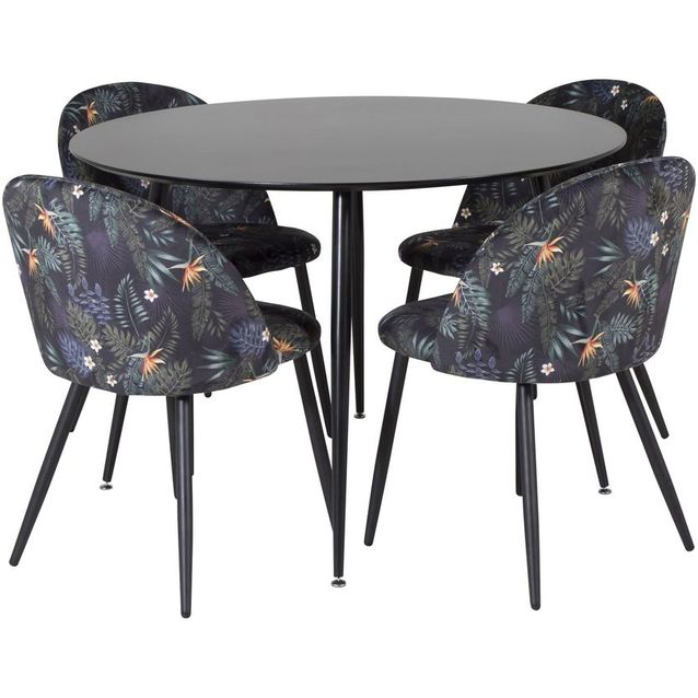 Ruokailuryhmä Venture Home, ⌀100cm musta Silar-pöytä + 4 mustaa Velvet-tuolia kukkakuosilla