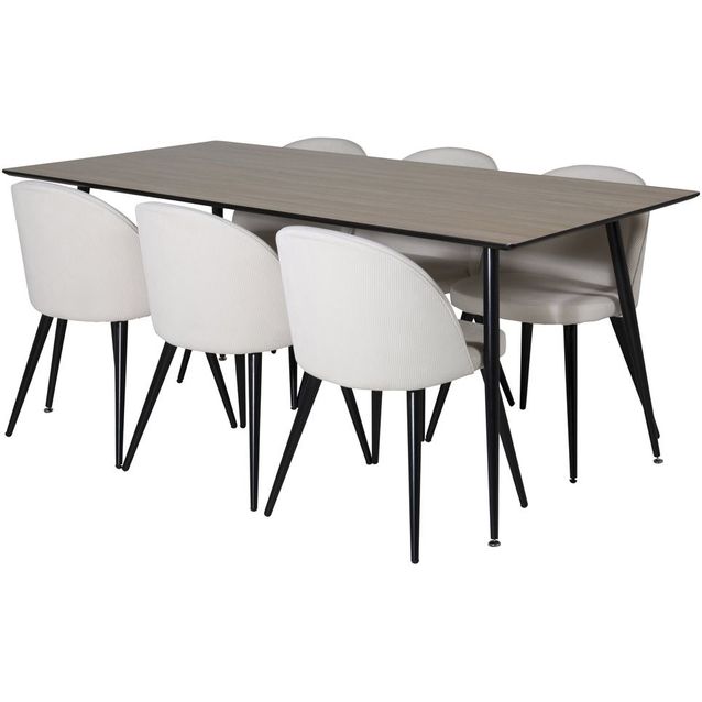 Ruokailuryhmä Venture Home, 180x90cm ruskea Silar-pöytä + 6 beigeä Velvet-tuolia, vakosametti