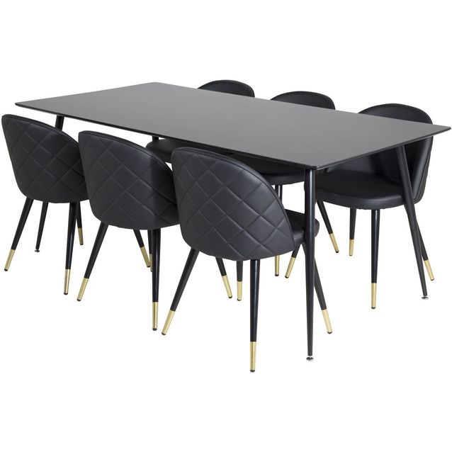 Ruokailuryhmä Venture Home, 180x90cm Silar-pöytä + 6 mustaa Velvet-tuolia, keinonahka