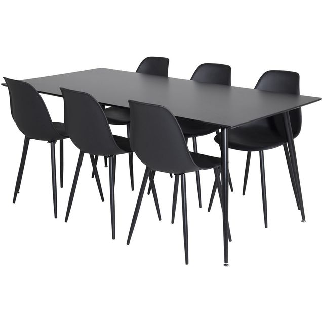 Ruokailuryhmä Venture Home, 180x90cm Silar-pöytä + 6 mustaa Polar Plastic-tuolia