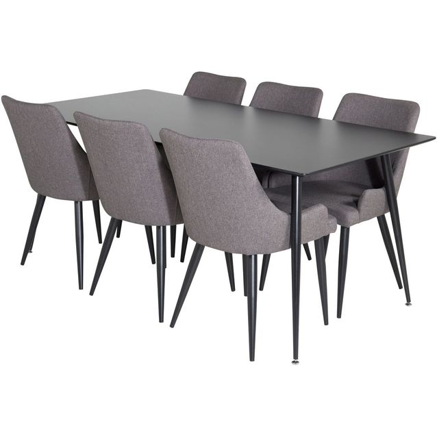 Ruokailuryhmä Venture Home, 180x90cm musta Silar-pöytä + 6 harmaata Plaza-tuolia, sametti