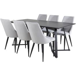Ruokailuryhmä Venture Home, 180x90cm musta Marina-pöytä + 6 vaaleanharmaata Leone-tuolia, vakosametti