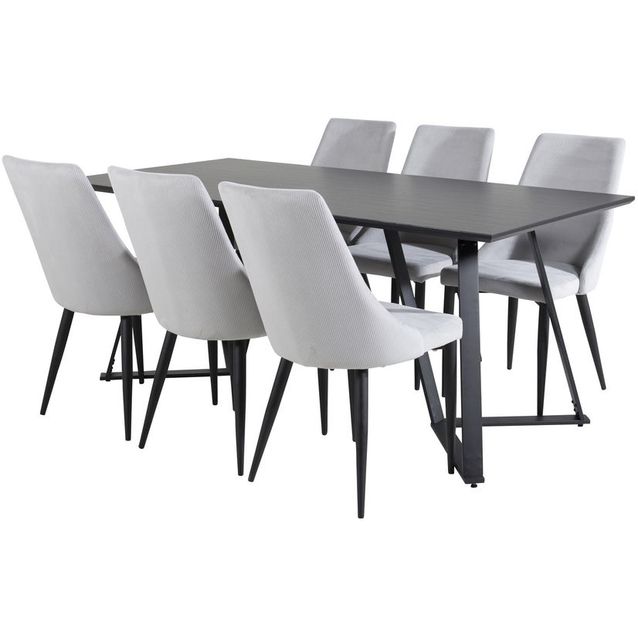 Ruokailuryhmä Venture Home, 180x90cm musta Marina-pöytä + 6 vaaleanharmaata Leone-tuolia, vakosametti