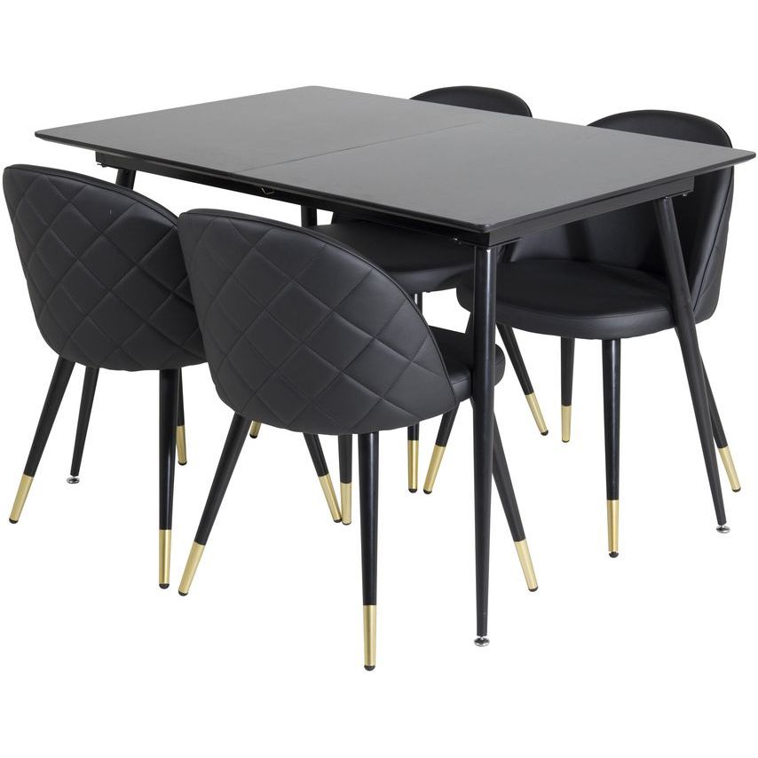 Ruokailuryhmä Venture Home, jatkettava Silar-ruokapöytä + 4 mustaa Velvet PU -tuolia