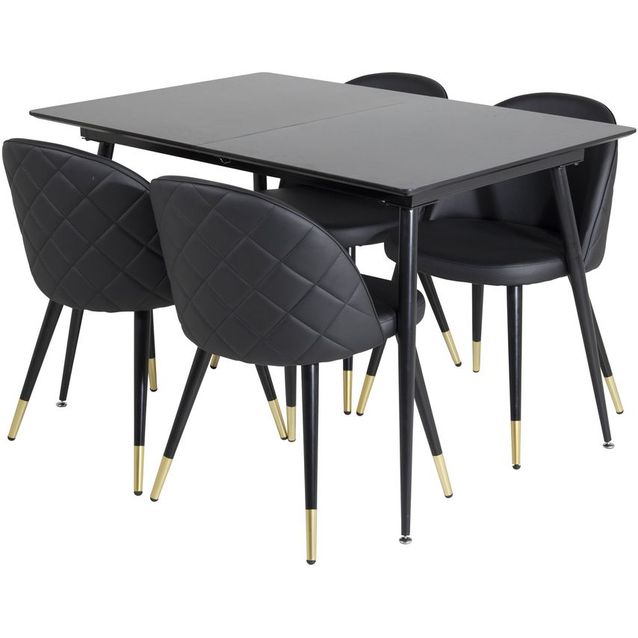 Ruokailuryhmä Venture Home, jatkettava Silar-ruokapöytä + 4 mustaa Velvet PU -tuolia