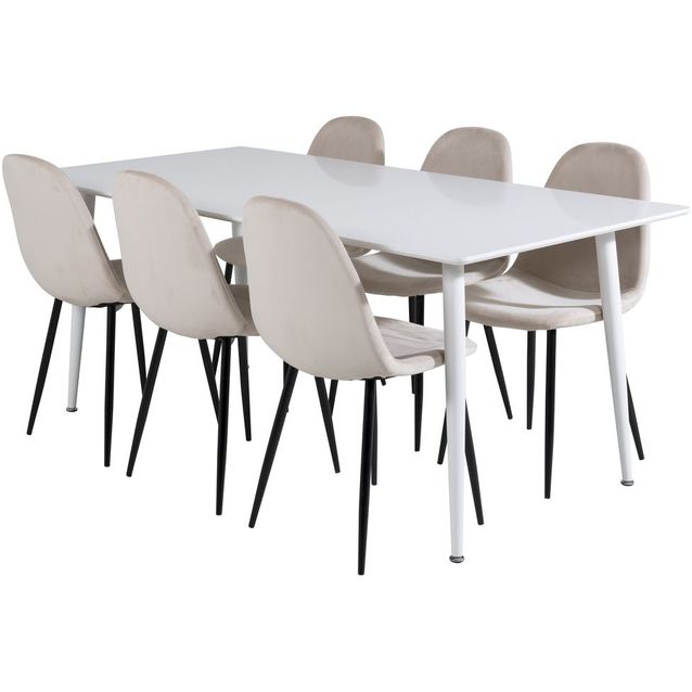 Ruokailuryhmä Venture Home, 180x90cm valkoinen Polar-pöytä + 6 beigeä Polar-tuolia, sametti