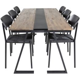 Ruokailuryhmä Venture Home, 200x90cm Jakarta-pöytä + 6 mustaa Polly-tuolia