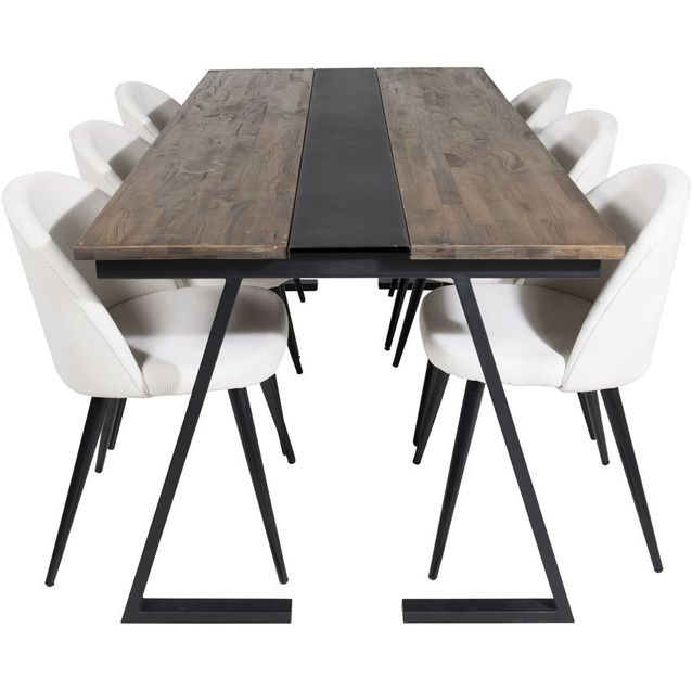 Ruokailuryhmä Venture Home, 200x90cm Jakarta-pöytä + 6 beigeä Velvet-tuolia, vakosametti