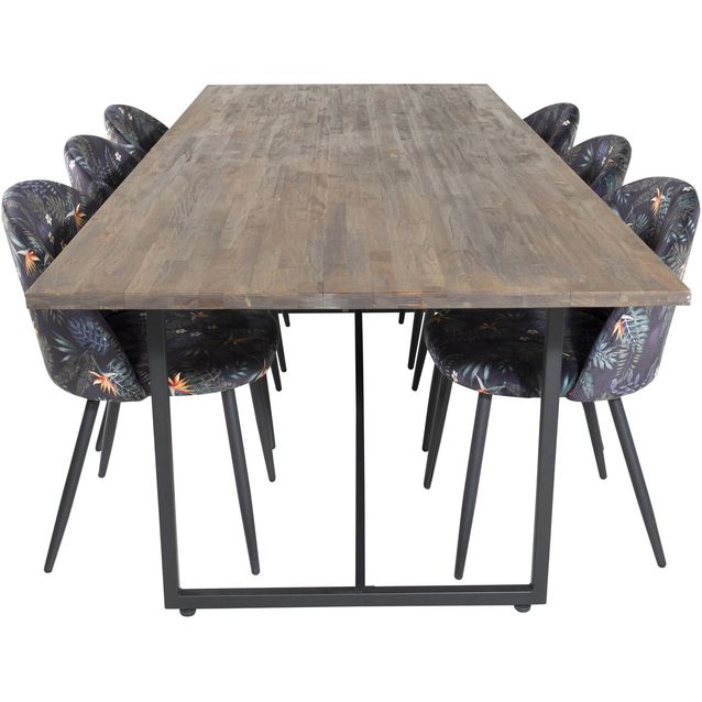 Ruokailuryhmä Venture Home, 250x100cm ruskea Padang-pöytä + 6 mustaa Velvet-tuolia, sametti