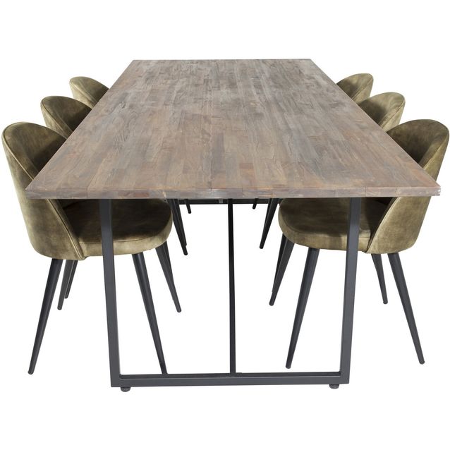 Ruokailuryhmä Venture Home, 250x100cm ruskea Padang-pöytä + 6 vihreää Velvet-tuolia, sametti