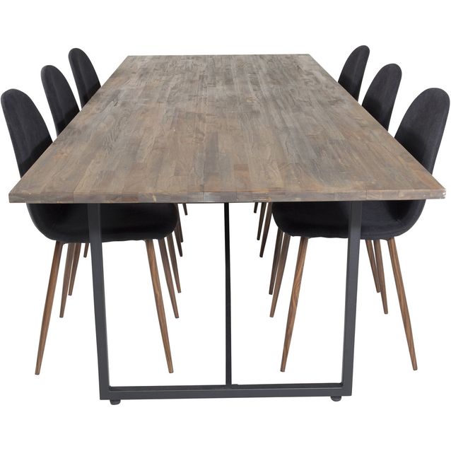 Ruokailuryhmä Venture Home, 250x100cm ruskea Padang-pöytä + 6 mustaa Polar-tuolia