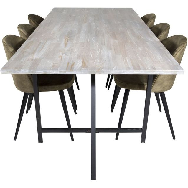 Ruokailuryhmä Venture Home, 250x100cm Jepara-pöytä + 6 vihreää Velvet-tuolia, sametti