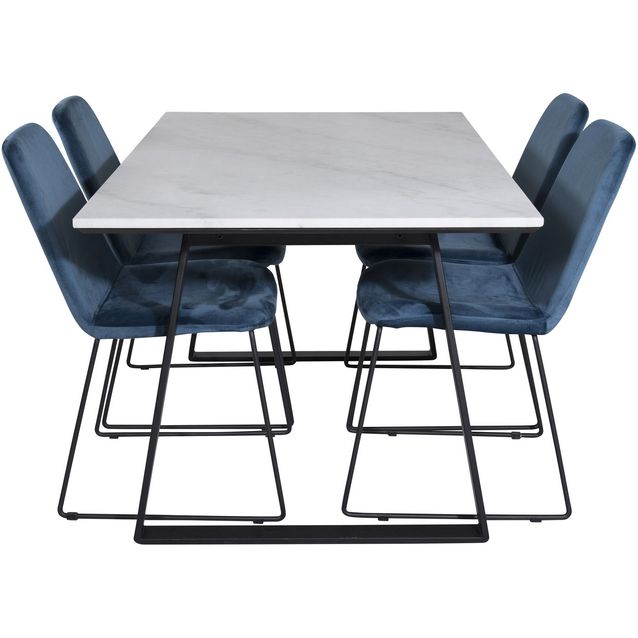 Ruokailuryhmä Venture Home, 140x90cm musta Estelle-pöytä + 4 sinistä Muce-tuolia, sametti