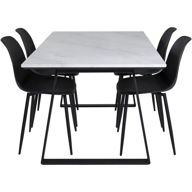 Ruokailuryhmä Venture Home, 140x90cm valkoinen Estelle-pöytä + 4 mustaa Polar Plastic -tuolia