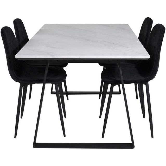 Ruokailuryhmä Venture Home, 140x90cm valkoinen Estelle-pöytä + 4 mustaa Polar Diamond -tuolia, sametti