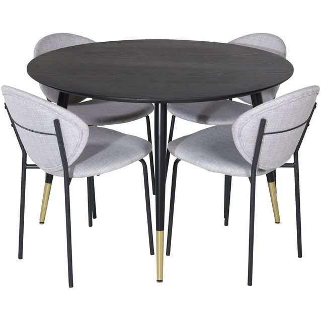 Pyöreä ruokailuryhmä Venture Home, Ø115cm musta Dipp-pöytä + 4 harmaata Vault-tuolia