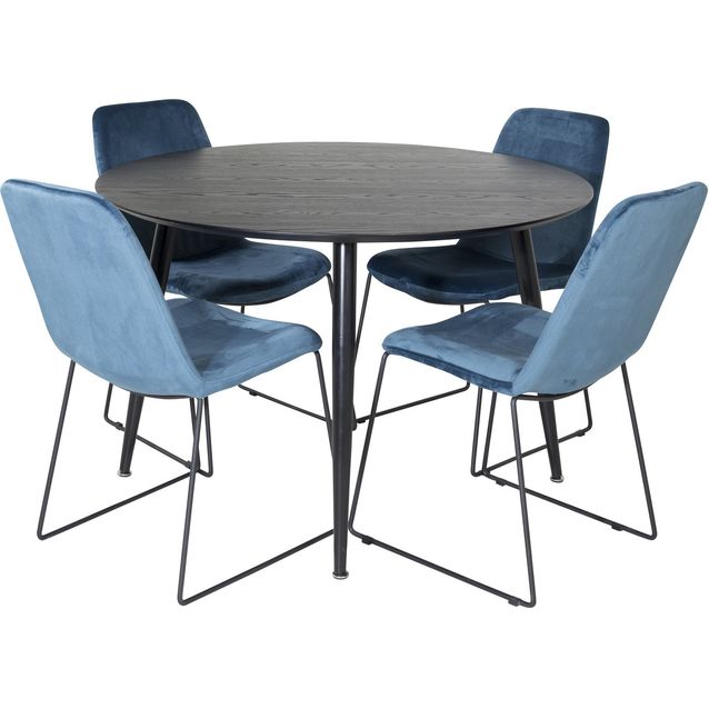 Pyöreä ruokailuryhmä Venture Home, Ø115cm musta Dipp-pöytä + 4 sinistä Muce-tuolia