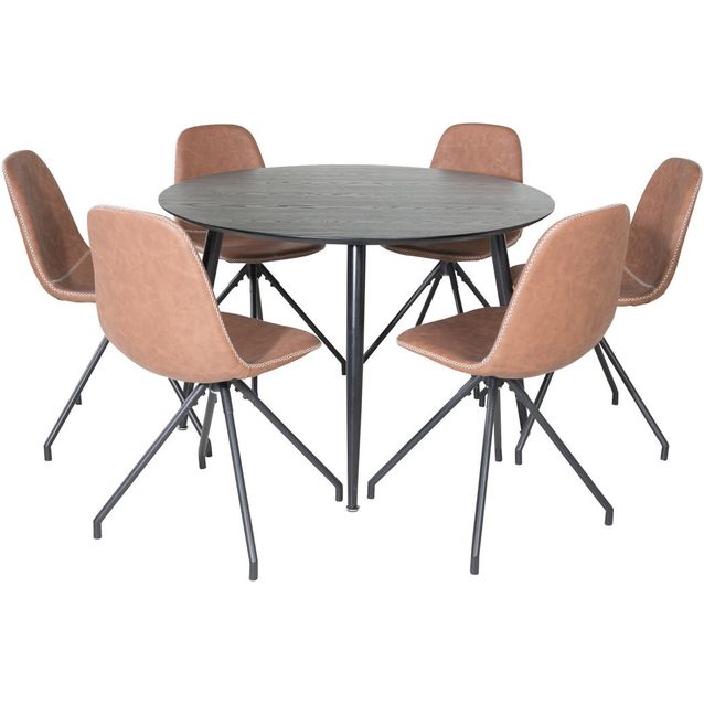 Ruokailuryhmä Venture Home, ⌀115cm musta Dipp-pöytä + 6 ruskeaa Polar-tuolia pyörimisominaisuudella