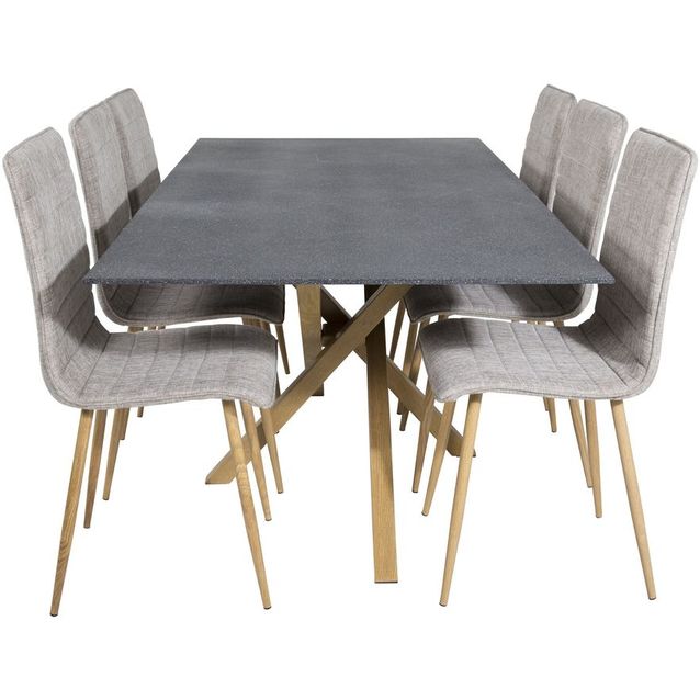 Ruokailuryhmä Venture Home, 180x90cm spraystone/ruskea Piazza-pöytä + 6 vaaleanharmaata Windu Lyx -tuolia