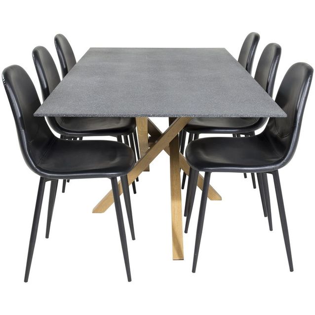 Ruokailuryhmä Venture Home, 180x90cm spraystone/ruskea Piazza-pöytä + 6 mustaa Polar-tuolia, keinonahka