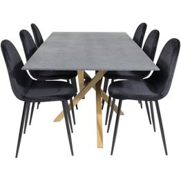 Ruokailuryhmä Venture Home, 180x90cm spraystone/ruskea Piazza-pöytä + 6 mustaa Polar-tuolia, sametti