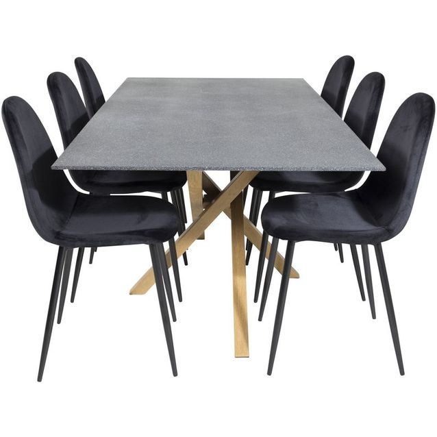 Ruokailuryhmä Venture Home, 180x90cm spraystone/ruskea Piazza-pöytä + 6 mustaa Polar-tuolia, sametti