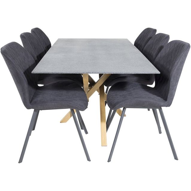 Ruokailuryhmä Venture Home, 180x90cm spraystone/ruskea Piazza-pöytä + 6 mustaa Gemma-tuolia