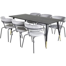 Ruokailuryhmä Venture Home, 180x90cm musta/messinki Dipp-pöytä + 6 harmaata Arrow-tuolia, sametti