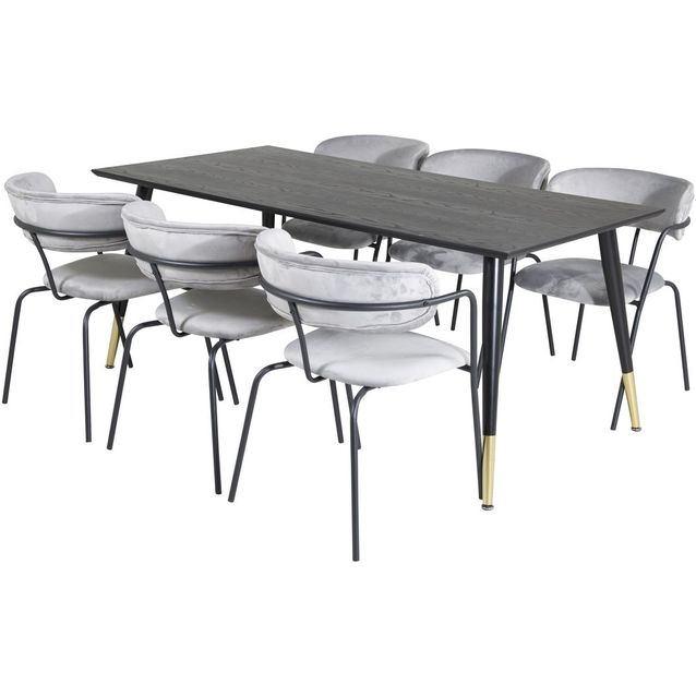 Ruokailuryhmä Venture Home, 180x90cm musta/messinki Dipp-pöytä + 6 harmaata Arrow-tuolia, sametti