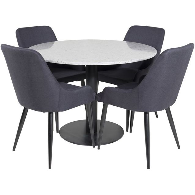 Ruokailuryhmä Venture Home, ⌀106cm harmaa Razzia-pöytä + 4 mustaa Plaza-tuolia