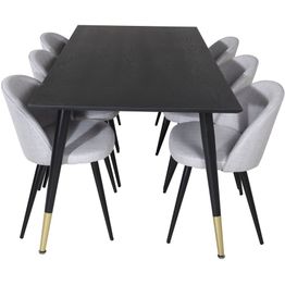 Ruokailuryhmä Venture Home, 180x90cm musta/messinki Dipp-pöytä + 6 Velvet-tuolia, harmaa