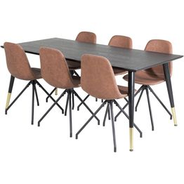Ruokailuryhmä Venture Home, 180x90cm Dipp-pöytä + 6 ruskeaa Polar-tuolia, pyörimisominaisuus
