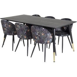 Ruokailuryhmä Venture Home, 180x90cm Dipp-pöytä + 6 mustaa Velvet-tuolia, kukkakuosi
