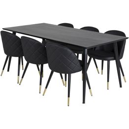 Ruokailuryhmä Venture Home, 180x90cm musta Dipp-pöytä + 6 mustaa Velvet Stitches-tuolia, keinonahka