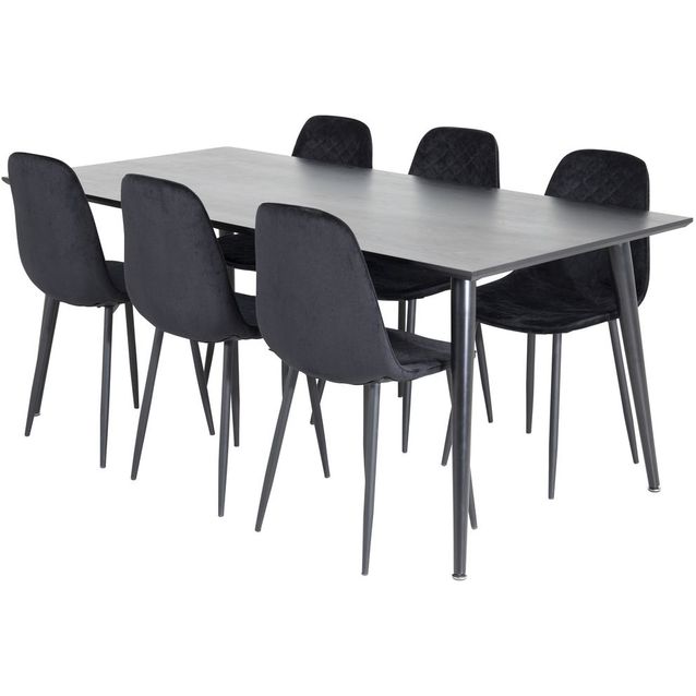 Ruokailuryhmä Venture Home, 180x90cm musta Dipp-pöytä + 6 mustaa Polar Diamond -tuolia, sametti