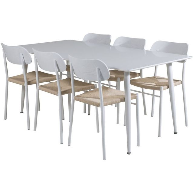 Ruokailuryhmä Venture Home, 180x90cm valkoinen Polar-pöytä + 6 valkoista Polly-tuolia