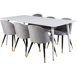 Ruokailuryhmä Venture Home, 180x90cm valkoinen Polar-pöytä + 6 vaaleanharmaata Velvet-tuolia, sametti/messinki