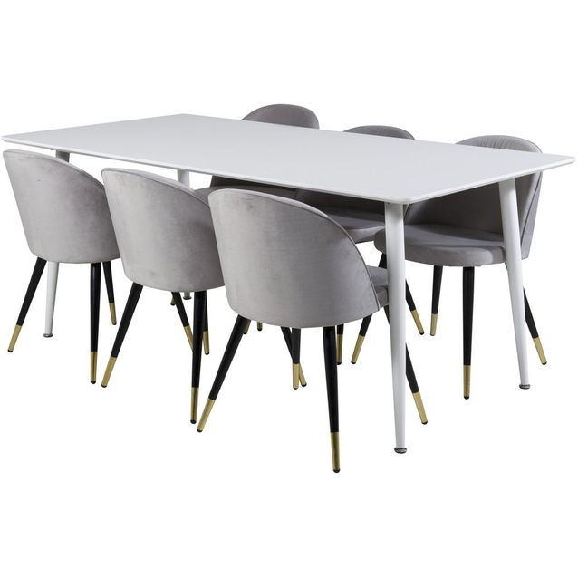 Ruokailuryhmä Venture Home, 180x90cm valkoinen Polar-pöytä + 6 vaaleanharmaata Velvet-tuolia, sametti/messinki