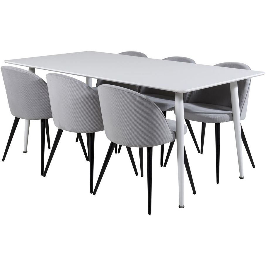 Ruokailuryhmä Venture Home, 180x90cm valkoinen Polar-pöytä + 6 vaaleanharmaata Velvet-tuolia, vakosametti