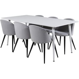 Ruokailuryhmä Venture Home, 180x90cm valkoinen Polar-pöytä + 6 vaaleanharmaata Velvet-tuolia, vakosametti