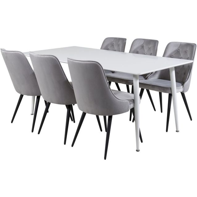Ruokailuryhmä Venture Home, 180x90cm valkoinen Polar-pöytä+ 6 vaaleanharmaata Velvet Deluxe -tuolia, sametti