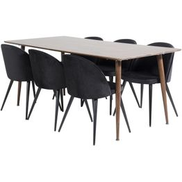 Ruokailuryhmä Venture Home, 180x90cm ruskea Polar-pöytä + 6 mustaa Velvet-tuolia, sametti