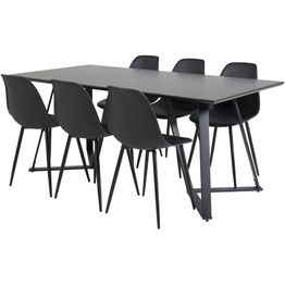 Ruokailuryhmä Venture Home, 180x90cm musta Marina-pöytä + 6 mustaa Polar Plastic -tuolia