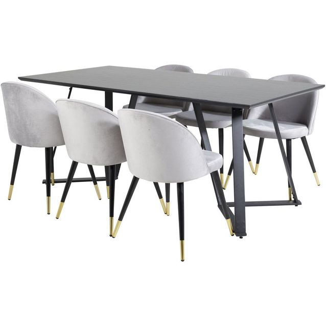 Ruokailuryhmä Venture Home, 180x90cm musta Marina-pöytä + 6 Velvet-tuolia, messinki